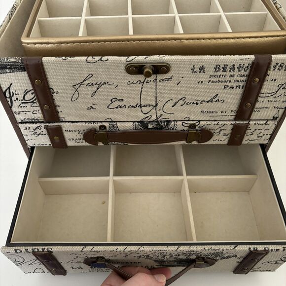 Large French Velvet Lined Jewelry Box Canvas Love Leather Paris Mirror Storage - Picture 7 of 11